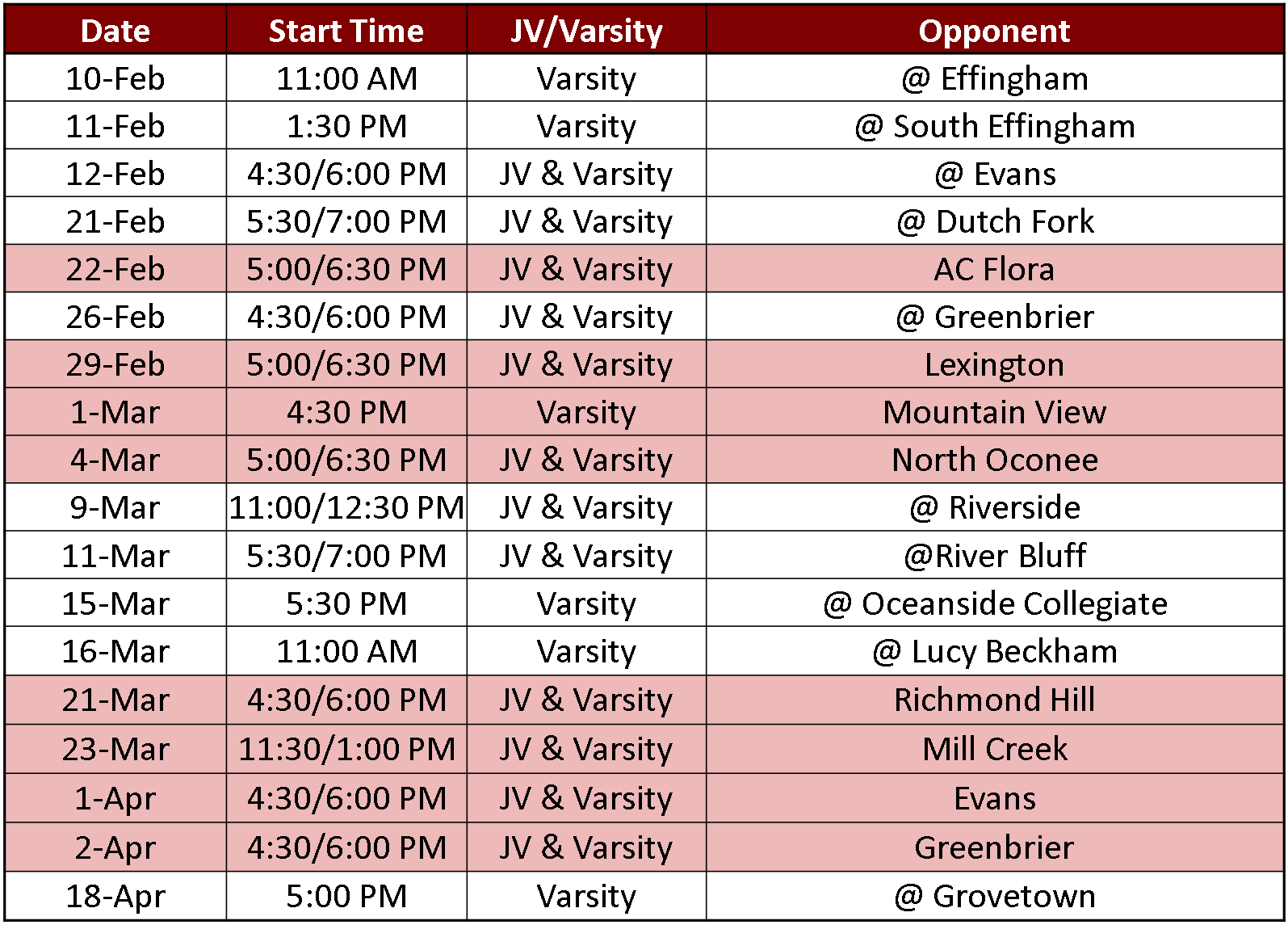 LHS Girls 2024 Schedule